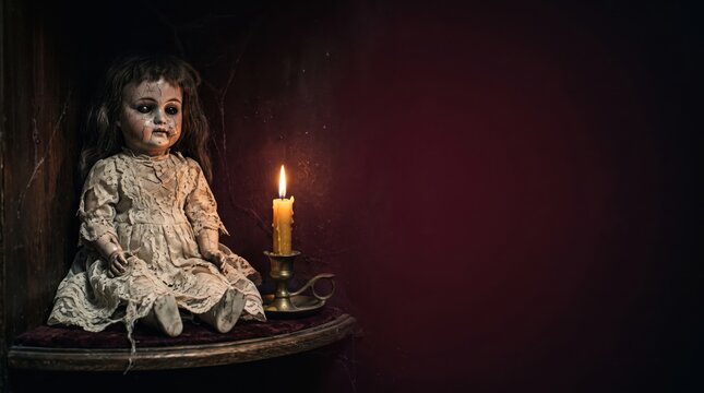 Creepy vintage porcelain doll sitting next to a lit candle in a dark haunted room with copy space
