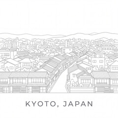 Fototapeta premium Kyoto japan cityscape line art illustration with traditional houses