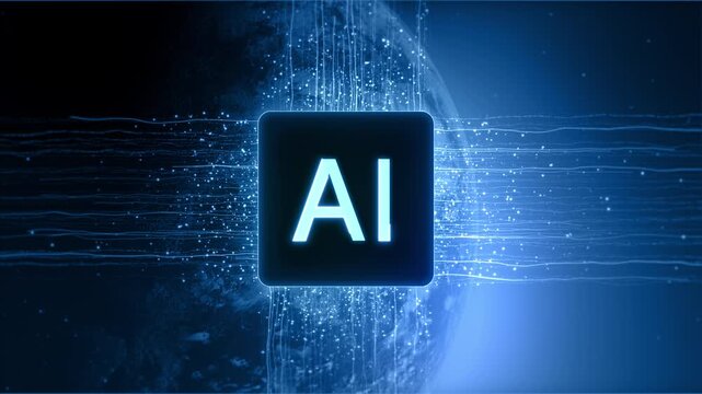 Glowing AI Chip Icon Over Digital Network and Earth Globe Representing Artificial Intelligence Technology