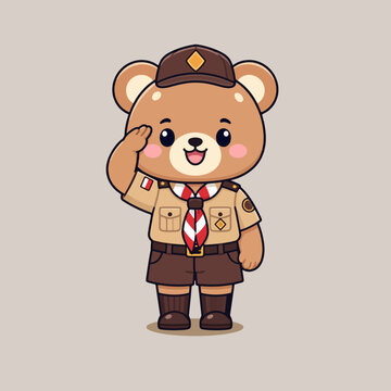 Cute Teddy Bear Wearing Indonesian Scout Uniform and Saluting