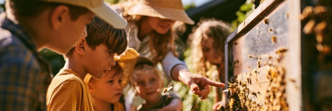 Children watch a teacher pointing at an observation hive in a school garden during a beekeeping activity in warm daylight.