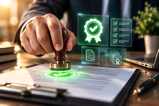 Hand using a stamp on a document with digital certification icons floating above