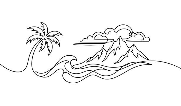 Abstract Tropical Oasis Mountain Ocean Palm Continuous Line Vector Artwork