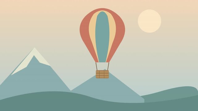 Hot Air Balloon Flying Over Mountain Landscape Vector Animation