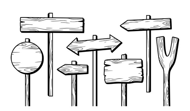 Set of various wooden signposts and blank directional boards in a hand drawn doodle style