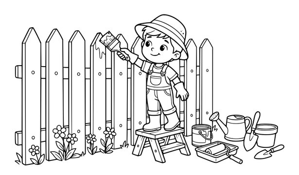 A cute little boy painting a wooden garden fence on a stool black and white coloring page