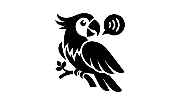 Black and white vector illustration of a talking parrot perched on a branch with a speech bubble