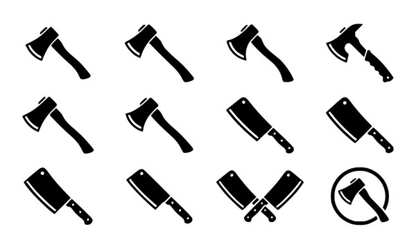 Set of black silhouette icons featuring various axes and meat cleavers for woodworking butchery and construction design projects