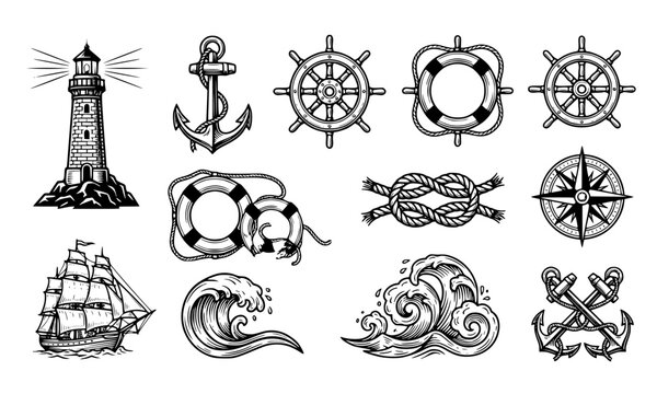 Collection of hand drawn nautical elements including lighthouse ship anchor steering wheel compass and ocean waves