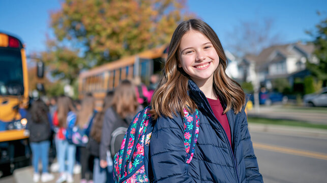 Cheerful schoolgirl with colorful backpack standing among classmates in an organized queue beside a yellow school bus, children boarding through the open door, back to school day, safe student trans
