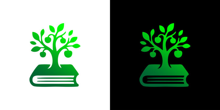 Green book with tree of knowledge and apples on white and black backgrounds, symbolizing growth and learning