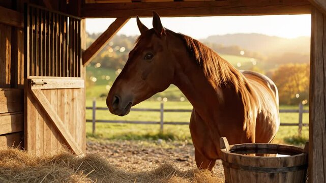 A beautiful brown horse enjoys the sunset inside of a rustic barn with hay and a wooden bucket in the countryside
