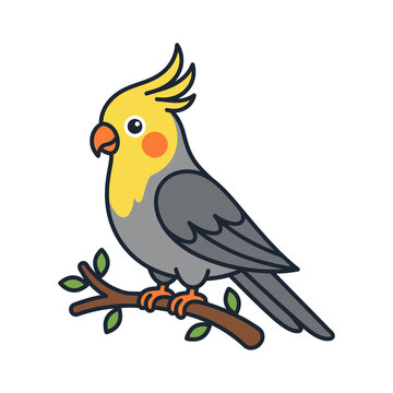 Cockatiel bird vector illustration perched on a tree branch