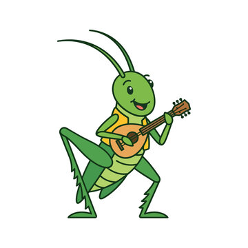Cartoon cricket playing a small guitar isolated on white