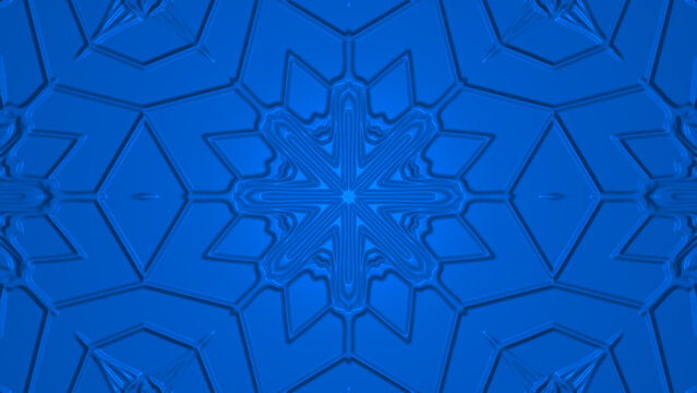 Blue 3D embossed snowflake pattern background. Abstract blue metallic geometric kaleidoscope tile design. Winter star ornament backdrop wallpaper.