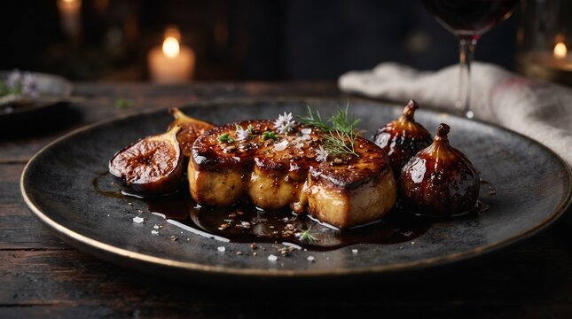 Luxurious food photo of seared foie gras with balsamic reduction, fresh figs, salt garnish, wine glass, and candle. Suitable for gourmet menus and food blogs.