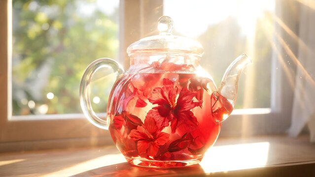 Glass teapot filled with red hibiscus flower tea on a wooden windowsill in warm morning sunlight
