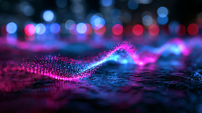 Glowing Digital Wave of Particles with Urban Bokeh Background