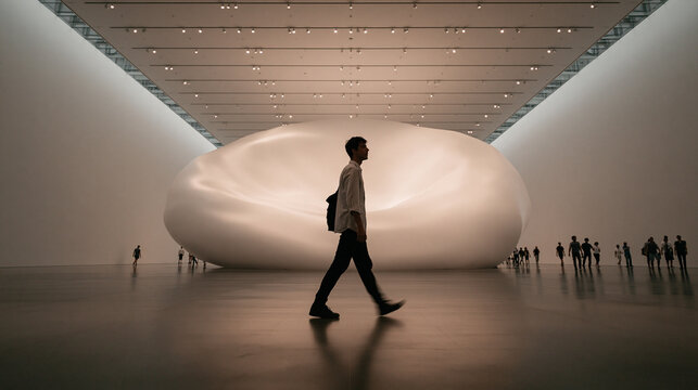 Man Walking Past Modern Art Sculpture in Gallery