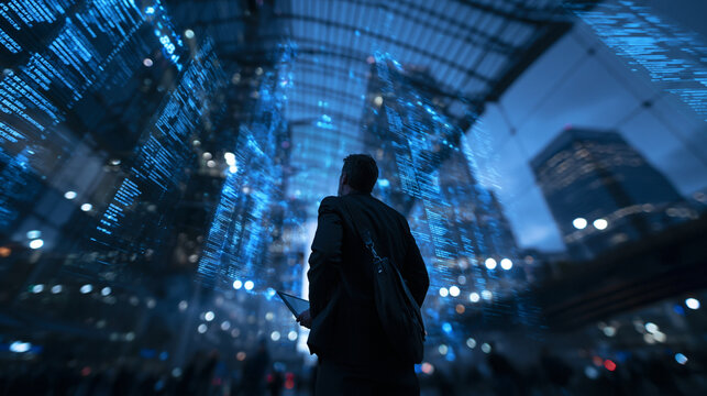 Businessman Looking at Futuristic Digital Data and Architecture