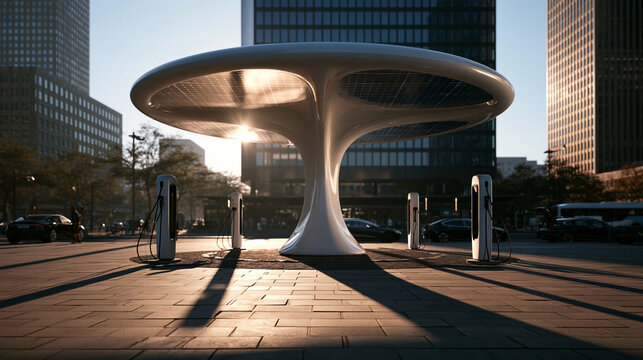 Futuristic Solar Powered EV Charging Station in City