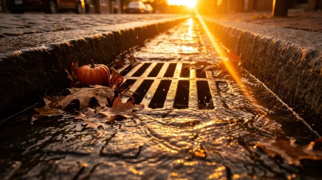 A small pumpkin and autumn leaves resting on a wet cobblestone street storm drain during a golden sunset