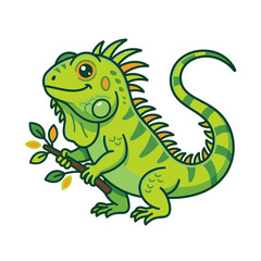 Obraz premium Cute green iguana cartoon character holding a small branch