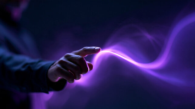 Hand Touching Glowing Purple Digital Energy Wave