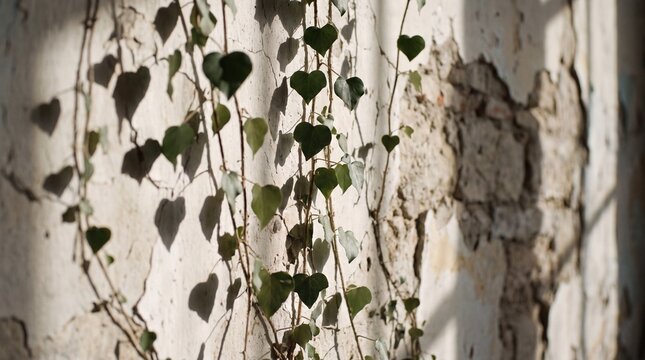 Ivy Vines with Heart Shaped Leaves on Weathered Wall
