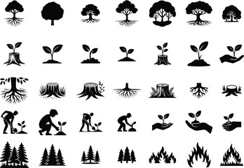 Fototapeta premium Tree planting and forestry black icon set featuring saplings roots tree stumps forest fires and environmental conservation symbols