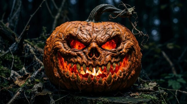 Spooky carved Halloween pumpkin with glowing red eyes and menacing smile in a dark, eerie forest setting, concept of Halloween horror and tradition