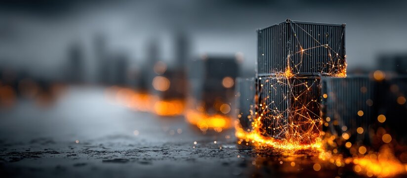 Burning server in cityscape background.