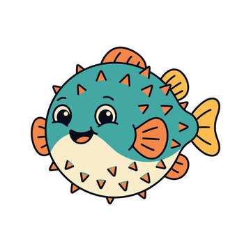 Cute pufferfish cartoon character performing swimming in underwater scene with vibrant colors and playful expression