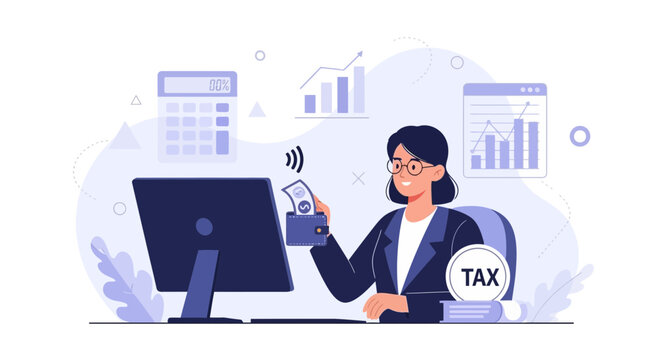 Woman paying taxes online with digital wallet and calculator, financial analytics, business concept illustration