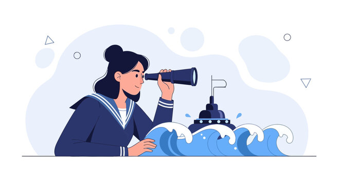 Woman in sailor uniform with spyglass looking at boat on stormy sea, vector illustration