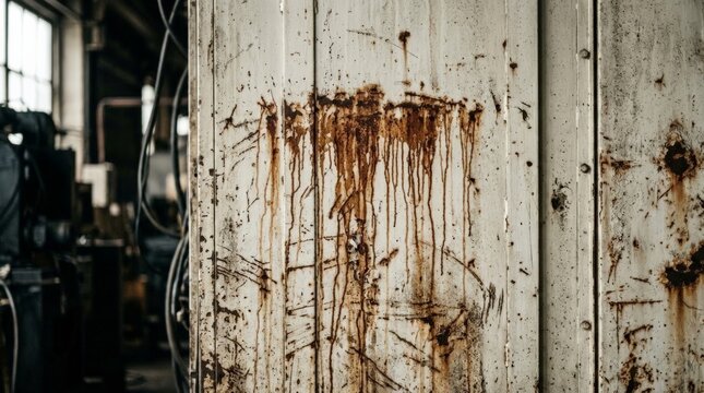 A close up view of a weathered industrial surface displaying a distinct rust texture metal with dripping brown stains and deep scratches across the painted white panels