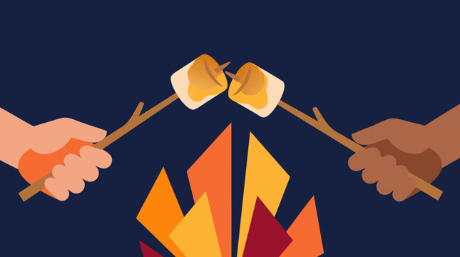 Campfire vector marshmallows friends hands outdoors camping night warmth together shows people roasting sweet treats over a bright fire during a shared evening adventure for modern campaigns