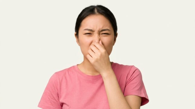 Young Asian woman pinching her nose with a disgusted expression, reacting to a bad smell or odor, isolated on a light background, concept of disgust and unpleasantness