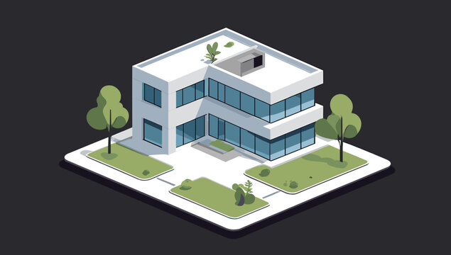 Isometric vector illustration of a modern two story office building with trees and landscaping.