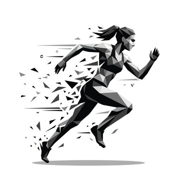 Dynamic geometric runner in motion, black and white illustration.