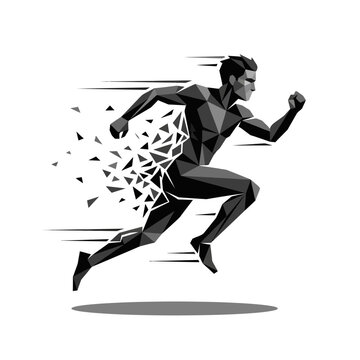 Dynamic geometric runner in motion with abstract shattered effect.