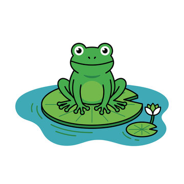 Cartoon frog sitting on lily pad in pond with water lily illustration