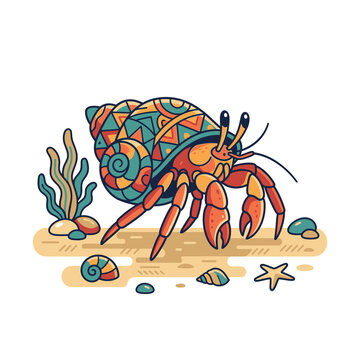 Colorful hermit crab exploring beach in vector illustration with no background