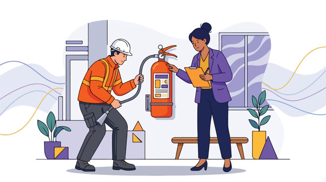 Technician and Auditor Inspecting Fire Extinguisher in the Office