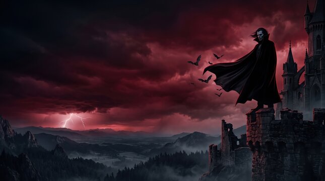 Vampire overlooking dark stormy landscape with a gothic castle and lightning