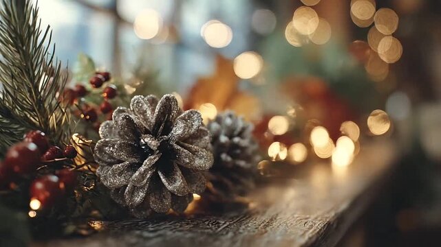 Frosted pine cone on branch with golden bokeh lights.