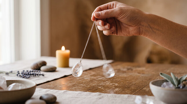 Crystal divination pendulum swinging on chain, fortune telling, dowsing and spiritual guidance