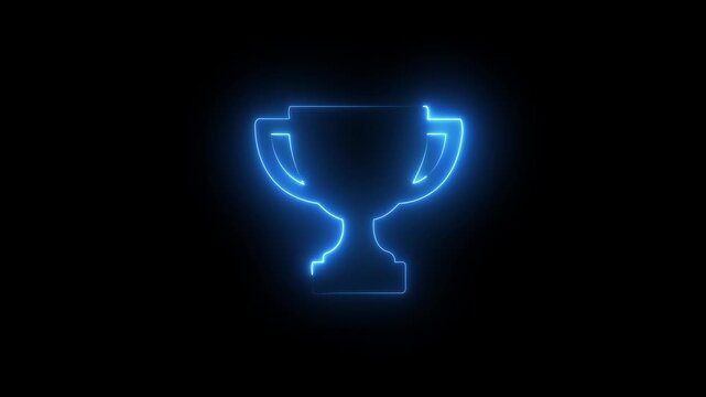 Glowing blue neon trophy cup icon symbol for success and championship award