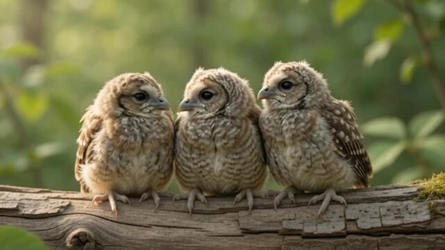 Three adorable baby owlets perched closely together on a mossy tree branch in a soft-focused green forest during daytime