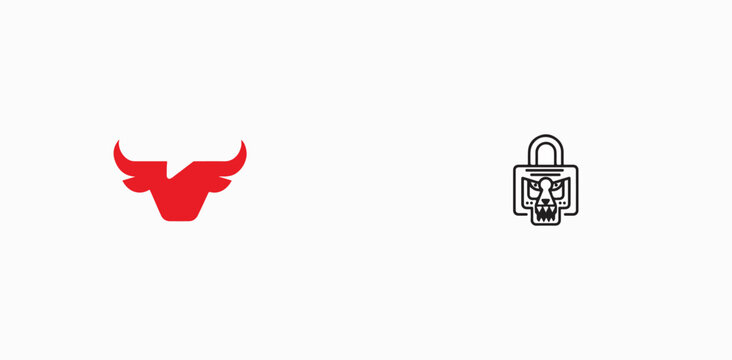 Bull head and padlock security icon set, minimalist style